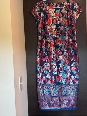ECI Navy Floral Sheath Dress with Red & Teal Blooms